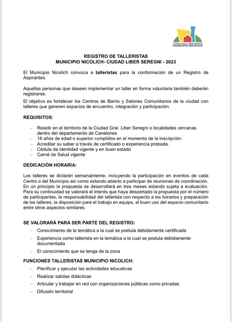 CONVOCATORIA PARA REGISTRO DE TALLERISTAS EN NICOLICH - CIUDAD GRAL. LIBER SEREGNI.