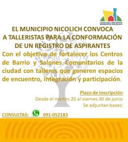 Convocatoria para registro de talleristas en Nicolich-Ciudad Gral. Liber Seregni